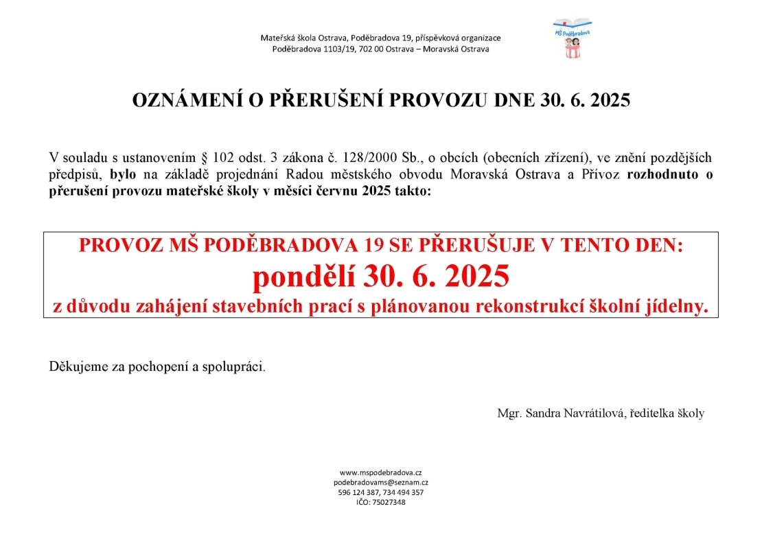 Oznámení o přerušení provozu