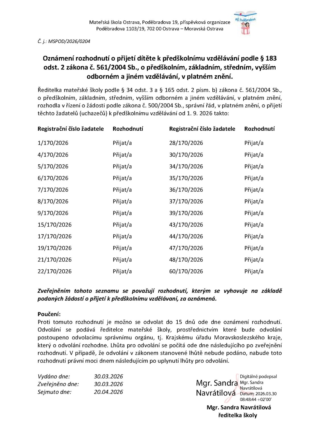 Oznámení rozhodnutí o přijetí dítěte k předškolnímu vzdělávání 2026-2027