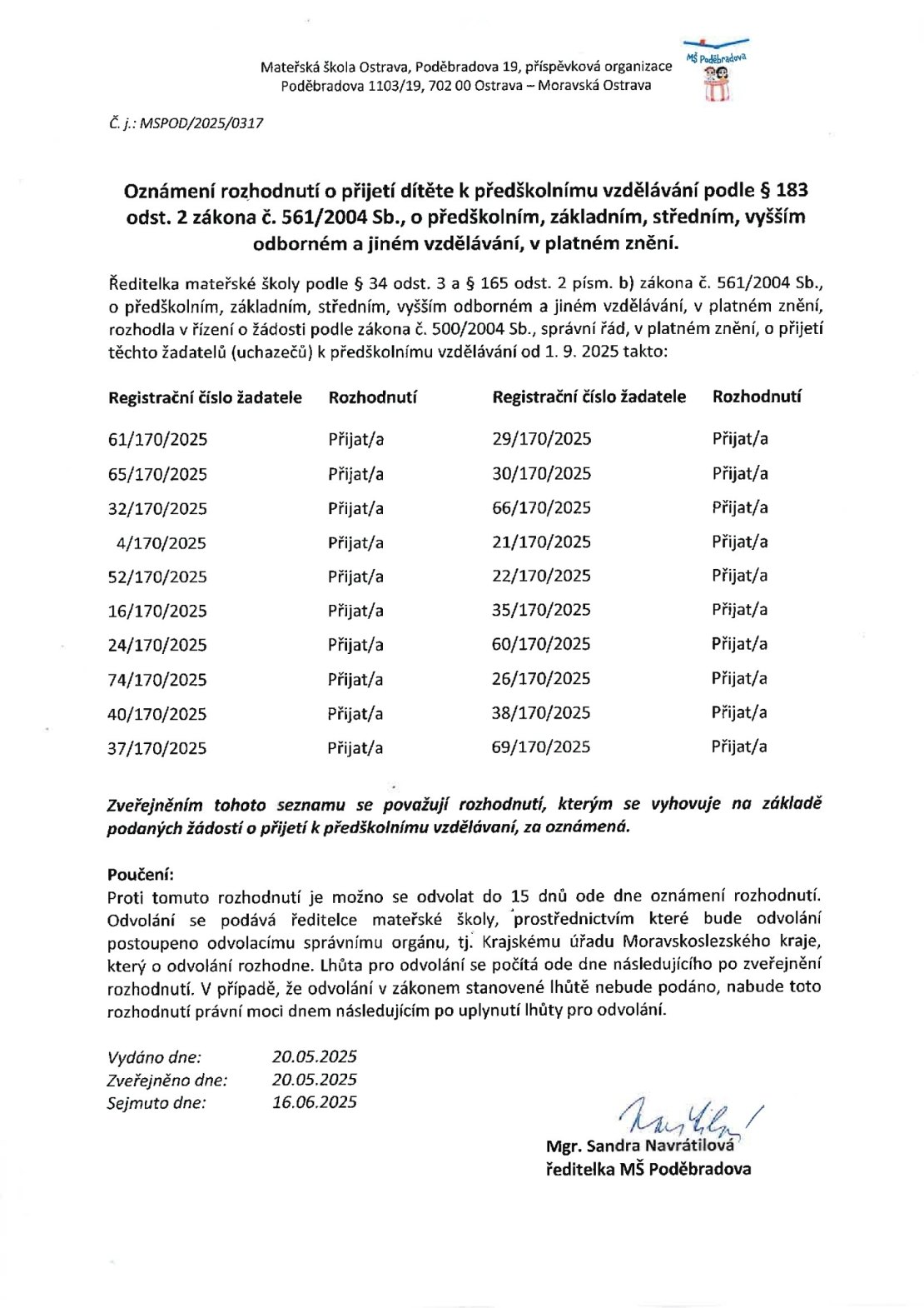 Oznámení rozhodnutí o přijetí dítěte k předškolnímu vzdělávání 2025-2026