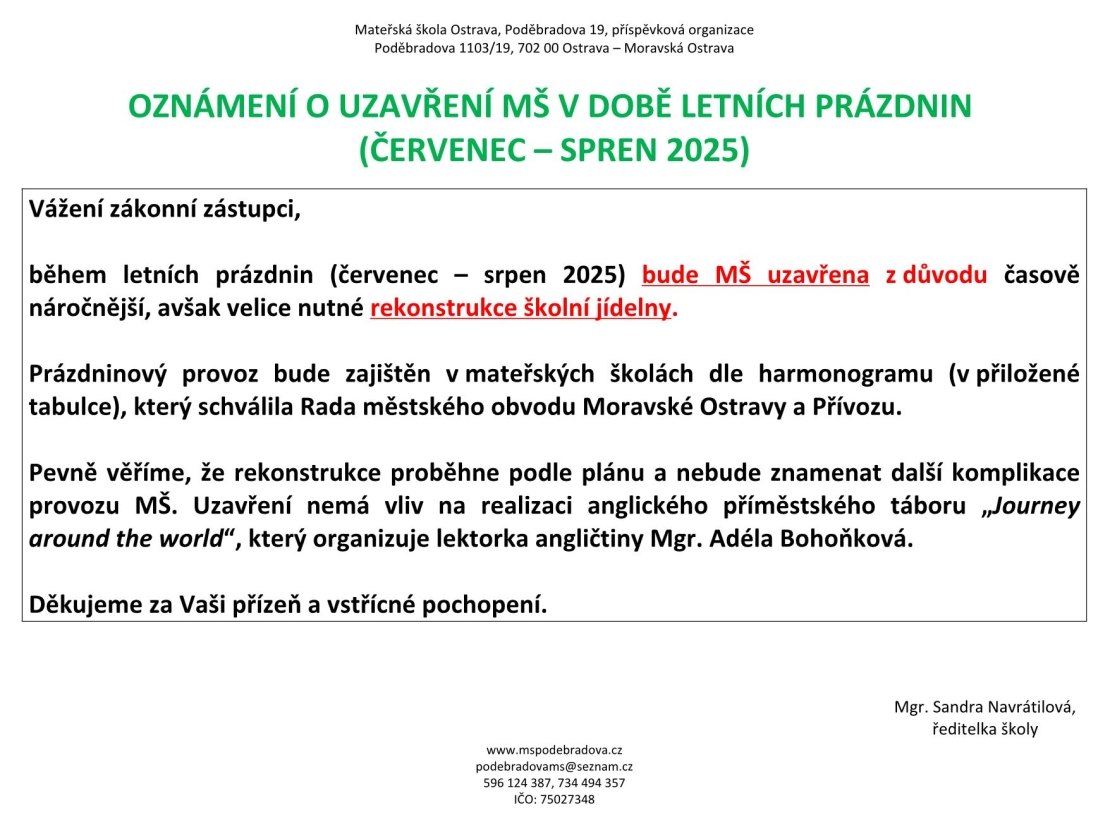 Uzavření MŠ o letních prázdninách 2025