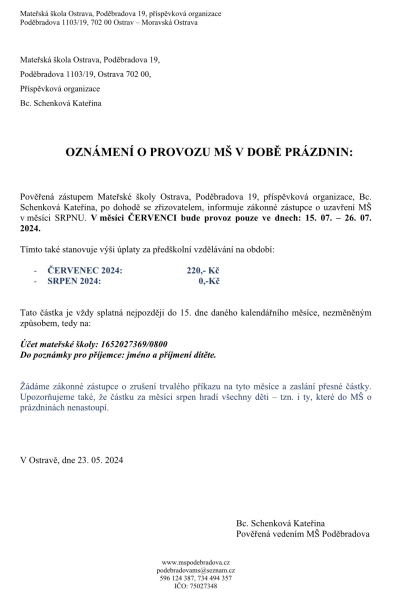 OZNÁMENÍ O PROVOZU MŠ V DOBĚ PRÁZDNIN
